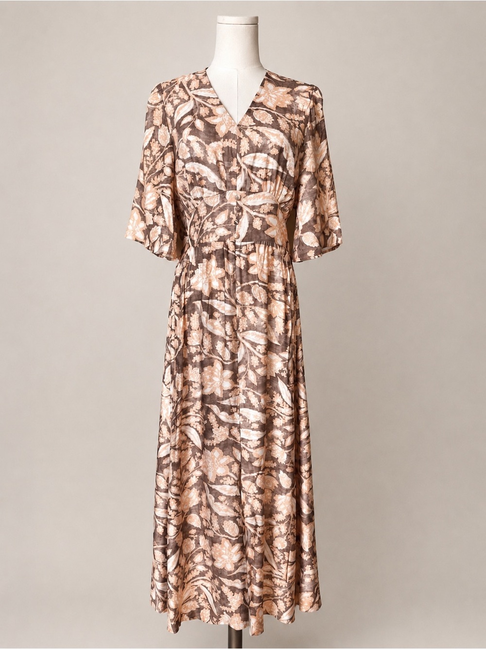 FYRALIS Floral Maxi Dress M Brown Peach V Neck Button Waist Boho NWT